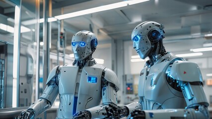 Two futuristic robots with blue lights interacting in a high-tech laboratory