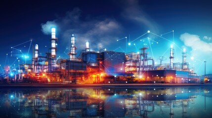 Modern factory, communication network. Telecommunication. IoT, Internet of Things, ICT, Information communication Technology,. Smart factory. Digital transformation, cloud connecting, generate by AI