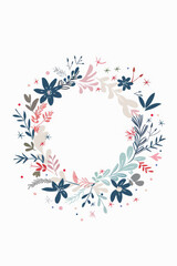 Beautiful illustration of a floral wreath with blue, pink, and green leaves and flowers, on a white background.
