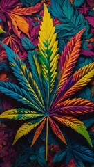 Trippy wallpaper art with a marijuana leaf, featuring abstract and colorful psychedelic designs