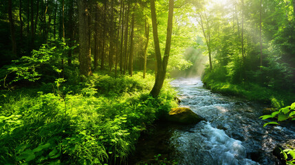 Fototapeta premium Serene Green Forest with Sunlit River: A Showcase of Natural Beauty and Sustainability