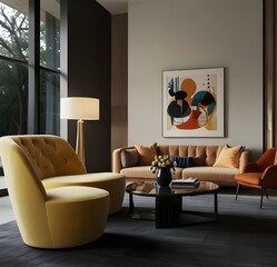 modern living room with yellow sofa and floral decor