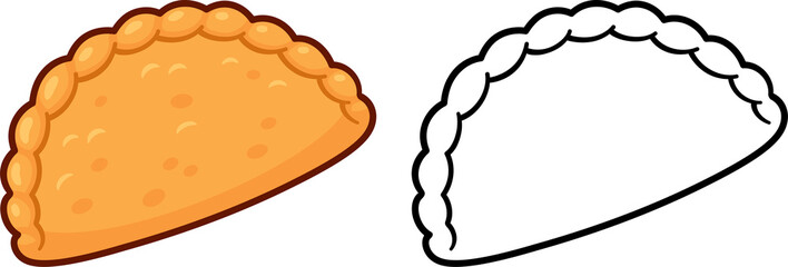 Deep fried empanada, traditional South American meat pie. Color drawing and black and white line icon. Cartoon doodle, clipart illustration.