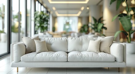 White couch in buildings living room by window, complemented by plant