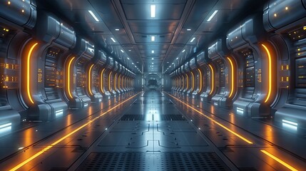 Futuristic building hallway with electric blue lights on metal walls and ceiling