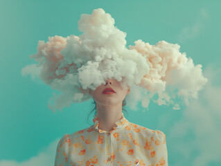 Portrait of Woman with Pastel Cloud on her Head in Floral Outfit