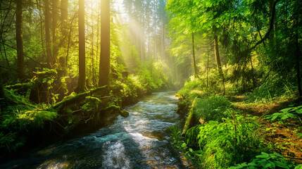 Fototapeta premium Serene Green Forest with Sunlit River: A Showcase of Natural Beauty and Sustainability