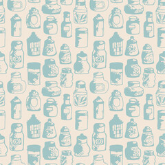 Seamless print pattern with jars and bottles with different food kitchen wallpaper background for textile, paper	
