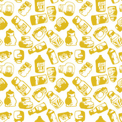 Seamless print pattern with jars and bottles with different food kitchen wallpaper background for textile, paper	
