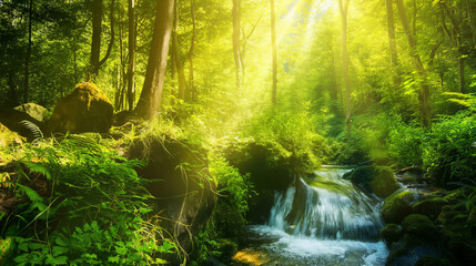 Obraz premium Serene Green Forest with Sunlit River: A Showcase of Natural Beauty and Sustainability