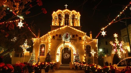 A beautifully lit church adorned with festive decorations during the holiday season, creating a warm and inviting atmosphere.
