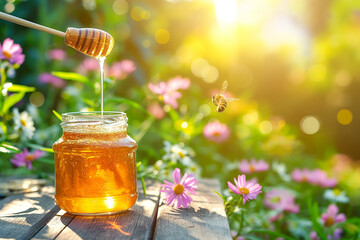 Golden Honey Jar with Bee in Sunlit Garden