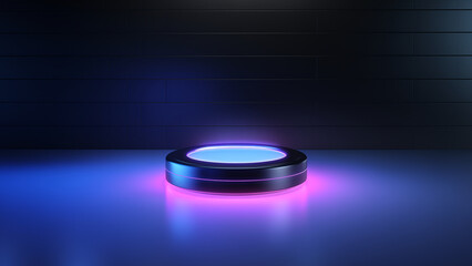 Glowing circular platform on dark reflective surface