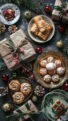 A festive arrangement of baked goods and gifts, perfect for celebrating the holiday season with family and friends.