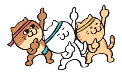 オタ芸をする目が細いかわいい猫たちのキャラ素材