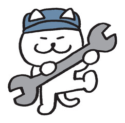 作業をする目が細いかわいい白猫のキャラ素材