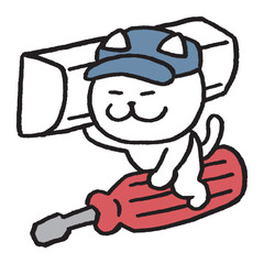 作業をする目が細いかわいい白猫のキャラ素材