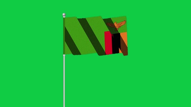 4K ZAMBIA flag old animation with pole waving on chroma key green screen 
