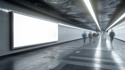 Modern subway tunnel with a blank billboard and blurred commuters, highlighting the illuminated,...