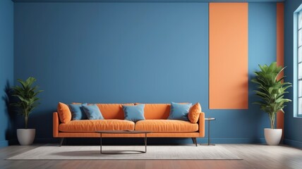 Minimal interior idea orange sofa with blue wall in living room, bright and cheerful, wall mockup