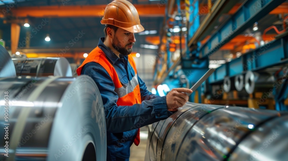 Poster a man in a safety vest is looking at a tablet while standing in a factory