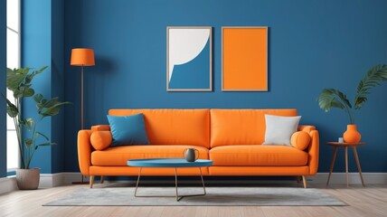 Orange sofa against blue wall in living room, minimal interior design, bright cheerful colors, wall mockup idea