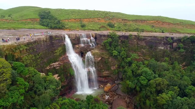 Aerial view of meghalaya dainthlen falls in India. The beautiful landscape view of east khasi hills cherrapunji mawsynram reserve forest in meghalaya India.