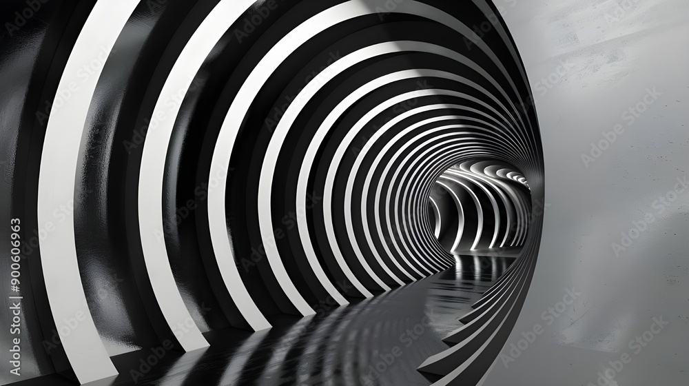 Poster A monochrome tunnel featuring striking black and white geometric patterns, creating a visually captivating and modern design.