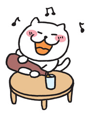 お酒を飲む目が細いかわいい白猫のキャラ素材