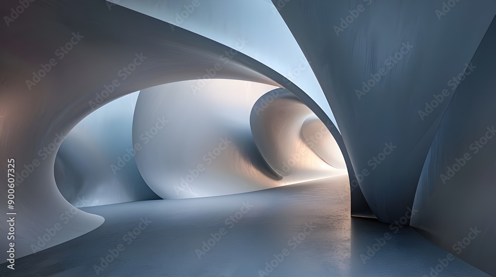 Poster a serene, abstract interior with smooth, flowing curves and a soft blue hue, creating a tranquil and