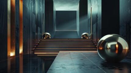 Abstract minimalist 3D images, black, gold, red, spherical sculptures, graceful balance, colour photography, rich tonal palette, asymmetrical balance