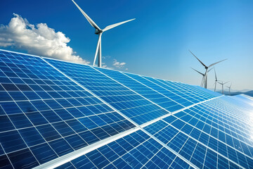 Solar Panels & Wind Turbines on a Sunny Day