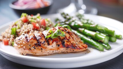 A plate features grilled turkey breast alongside quinoa salad and fresh asparagus, showcasing a nutritious meal perfect for any time