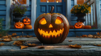 Obraz premium Spooky 3D Cartoon Jack-O'-Lantern on Porch with Menacing Grin | Perfect for Halloween Designs | Copy Space Available