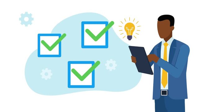 An employee with a tablet fills out a questionnaire. Fields with green checkers appear next to it. A light bulb icon appears next to the employee. 2D flat design animation.
