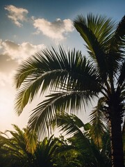 Tropical palm silhouette Sunlit sky backdrop with ample copy space - high contrast