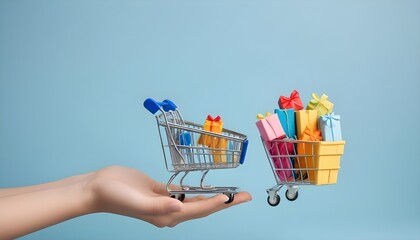 Toy shopping cart with boxes in female hand over blue background. Copy space for text or design. Ssale, discount, shopaholism concept. Consumer society trend
