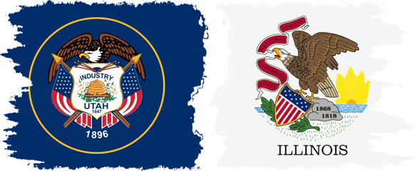 Illinois and Utah states grunge brush flags connection, vector