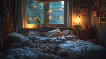 A cozy bedroom with soft lighting