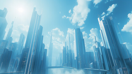 A futuristic cityscape with tall skyscrapers