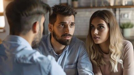 Fototapeta premium Young married couple sitting at table listening to realtor, real estate agent, loan broker or mortgage advisor telling about option