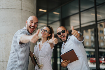 Three smiling businesspeople giving thumbs up while standing outside in a downtown area. Team showcasing positivity and success during an outdoor meeting.