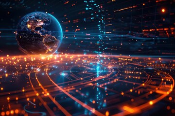 Obraz premium Communication technology, holographic global network, futuristic Earth data links, internet connectivity