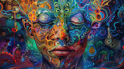 Abstract design covers the face of a person with closed eyes, blending vivid colors and swirling patterns. The image evokes a psychedelic experience, combining elements of art and surrealism