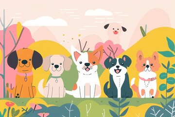 Fototapeta premium Illustration of happy dogs celebrating International Dog Day. Dogs are in various poses such as sitting or standing up. 