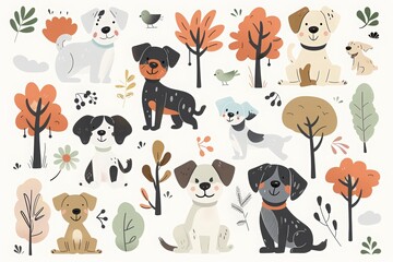 Illustration of happy dogs celebrating International Dog Day. Dogs are in various poses such as sitting or standing up. 