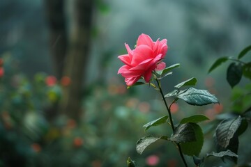 Obraz premium Single pink rose blooms gracefully amid the ethereal mist of a serene garden