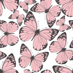 Seamless pattern of pink butterfly. Hand drawn illustration vector. Painted butterflies elements on white background. Animal motif abstract. For fabric, textile, design, banner, wrapping 