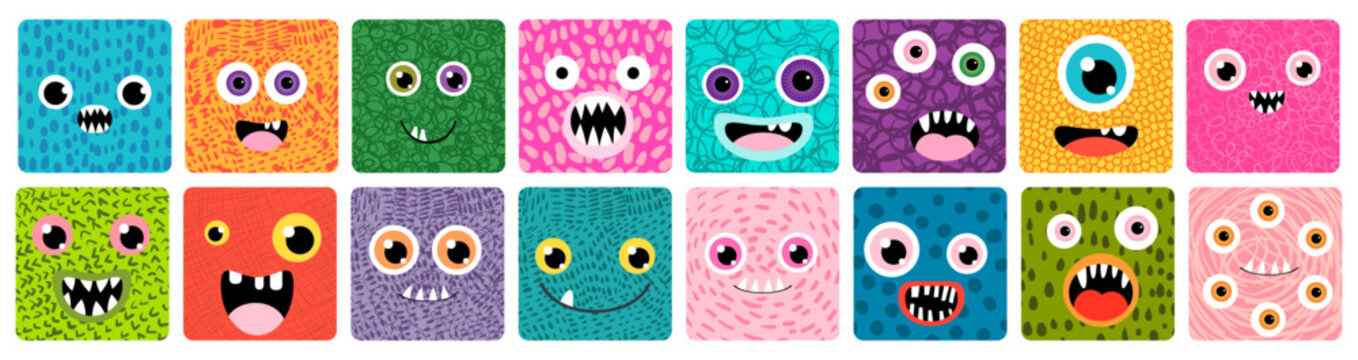 Naklejki Colorful cartoon monster faces with different funny and silly expressions, Vector rounded textured square icons with cute creature faces