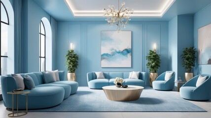 Fototapeta premium Sky blue walls and furnishings in a contemporary lobby, celeste accent interior design